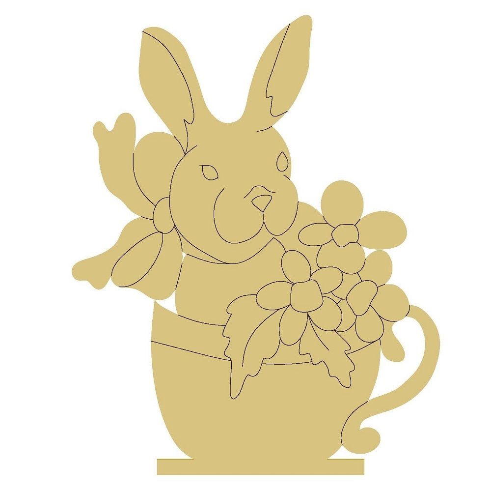 Design By Line Mug MDF Cutout Bunny In A Mug With Flowers - Unfinished For DIY