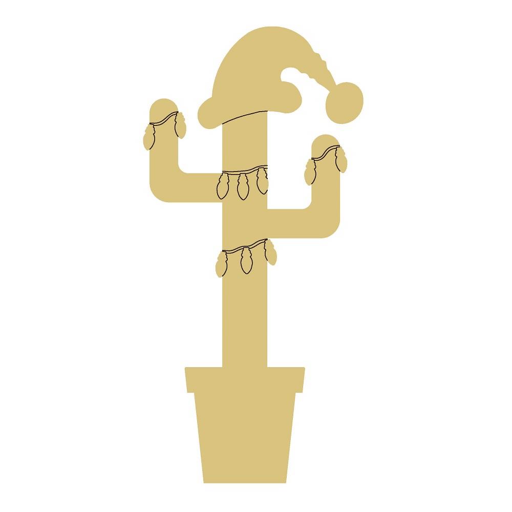 Design By Line Cactus MDF Cutout With String Lights And Santa Hat - Unfinished For DIY