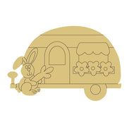 Design By Line Round MDF Cutout Rabbit Camper With Flower Box - Unfinished For DIY