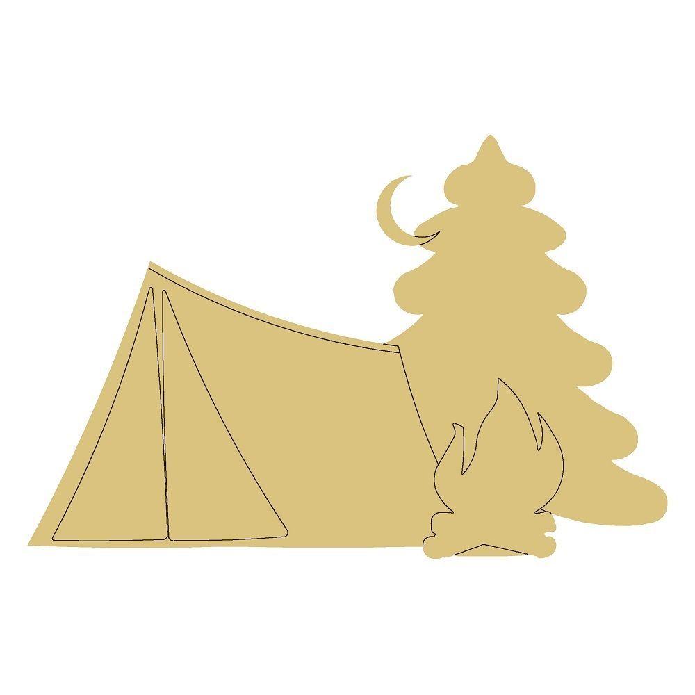 Design By Line Tent MDF Cutout Camping Scene With Campfire And Pine Tree - Unfinished For DIY
