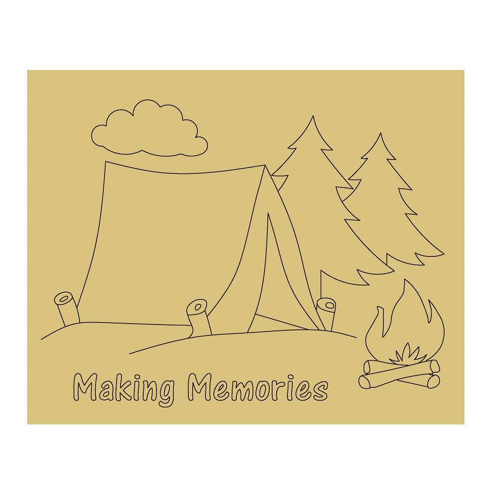 Design By Line Square MDF Cutout Camping Scene With Tent And Campfire Making Memories - Unfinished For DIY