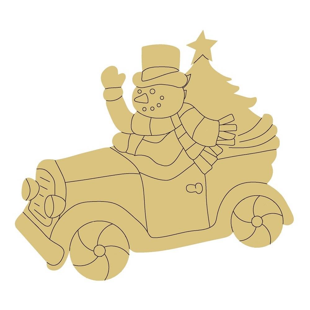 Design By Line Car MDF Cutout Snowman In Car With Christmas Tree - Unfinished For DIY