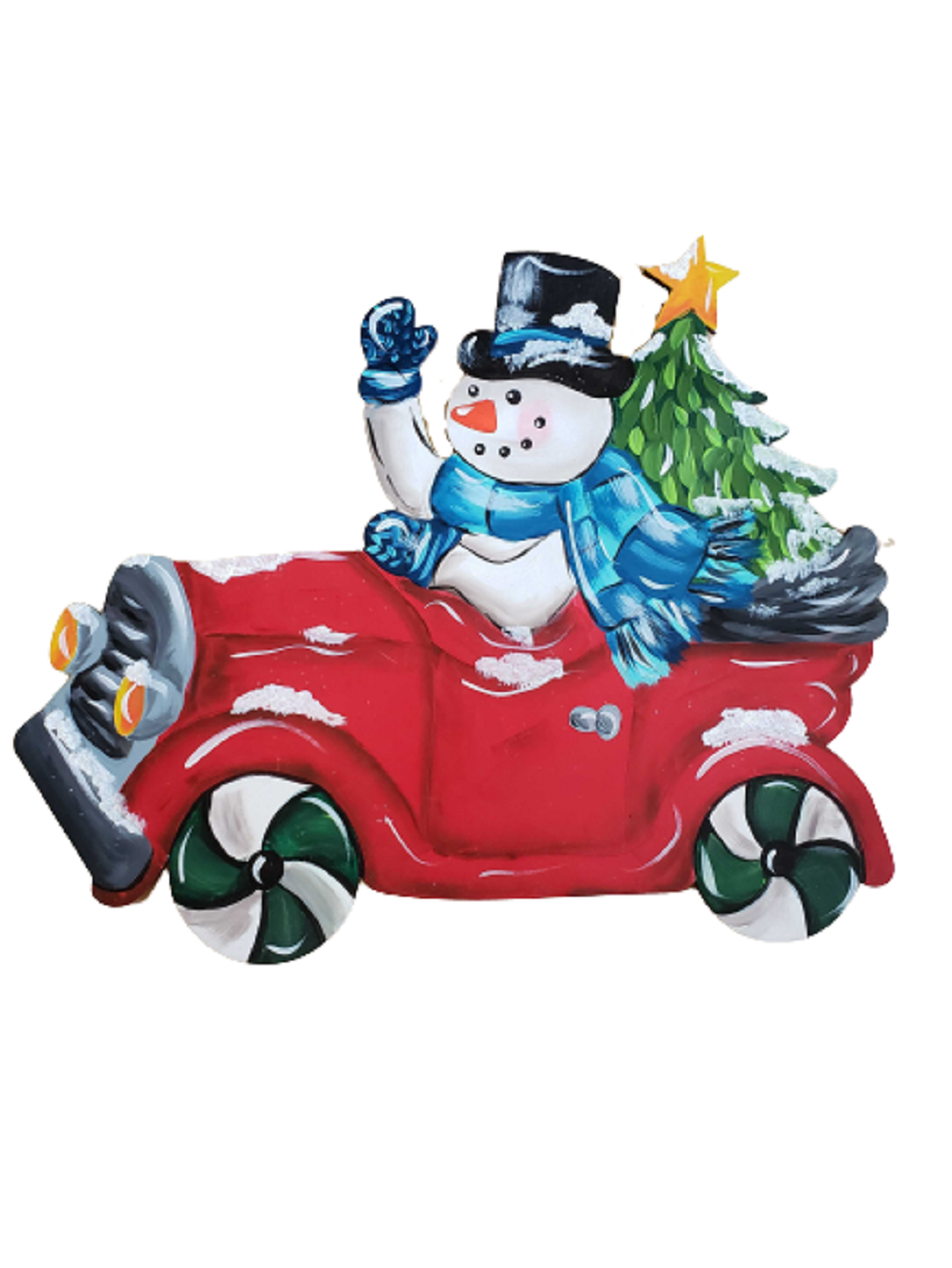 Design By Line Car MDF Cutout Snowman In Car With Christmas Tree - Unfinished For DIY