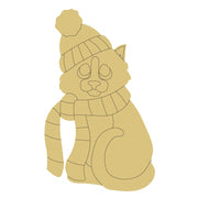 Design By Line Cat MDF Cutout Cozy Winter Cat With Knit Hat And Scarf - Unfinished For DIY