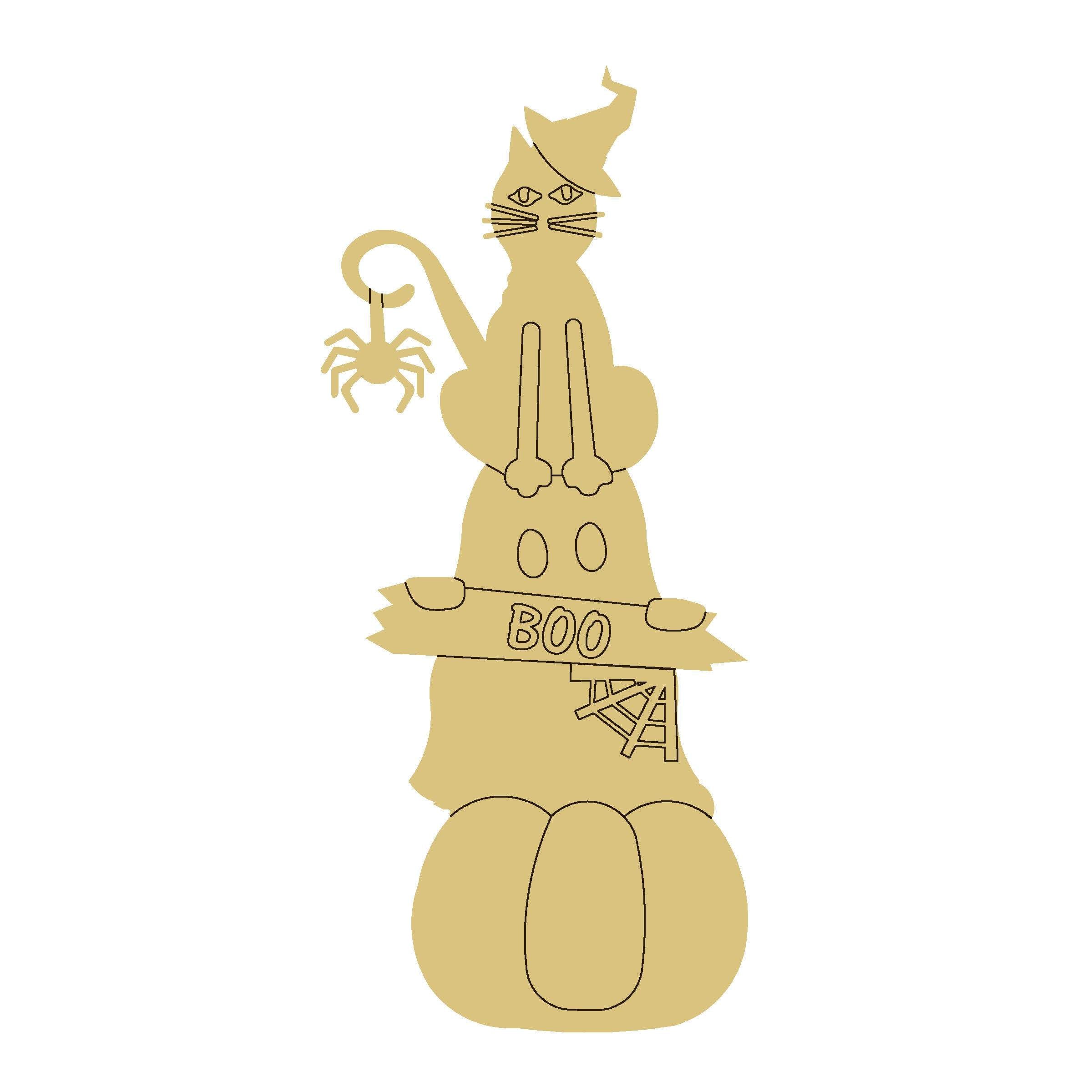 Design By Line Cat On Pumpkin Stack MDF Cutout BOO Sign With Spider Web And Witch Hat - Unfinished For DIY
