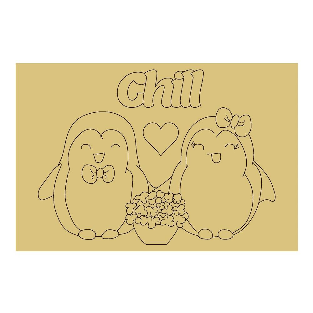 Design By Line Rectangular MDF Cutout Chill Penguin Couple With Heart And Flower Pot - Unfinished For DIY