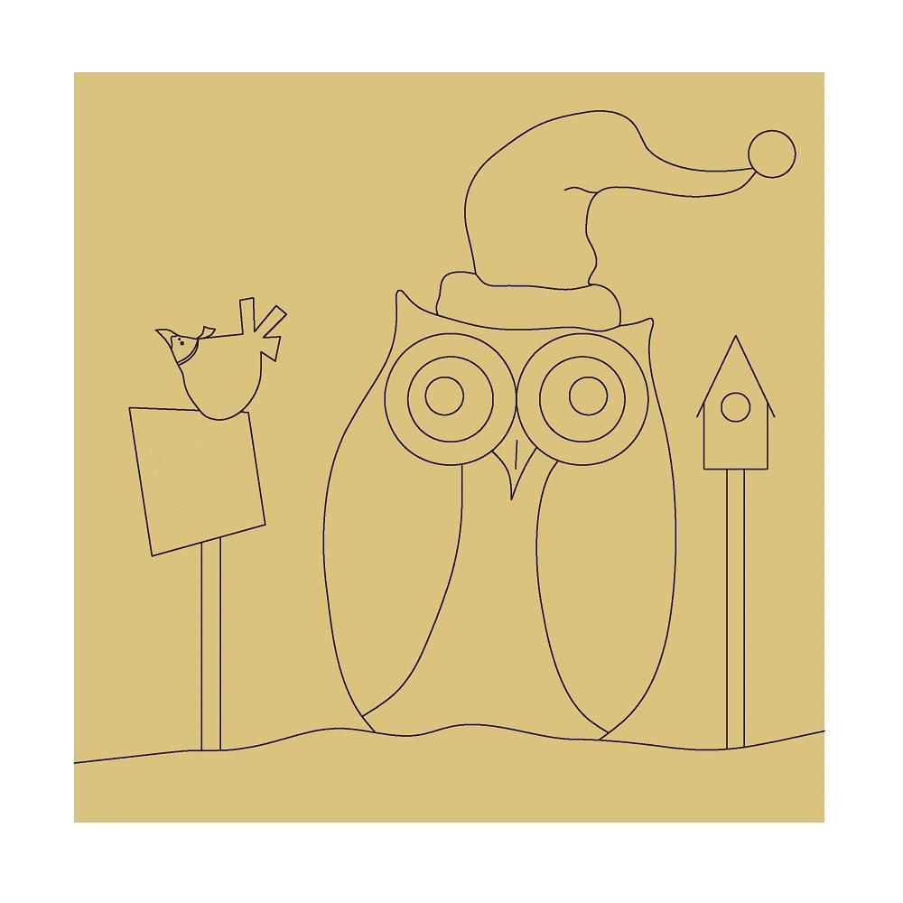 Design By Line Square MDF Cutout Christmas Owl With Santa Hat - Unfinished For DIY