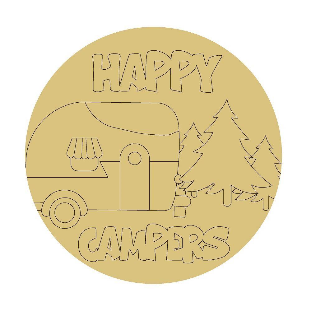 Design By Line Round MDF Cutout Happy Campers Camper Van With Pine Trees - Unfinished For DIY