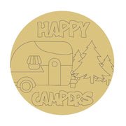 Design By Line Round MDF Cutout Happy Campers Camper Van With Pine Trees - Unfinished For DIY