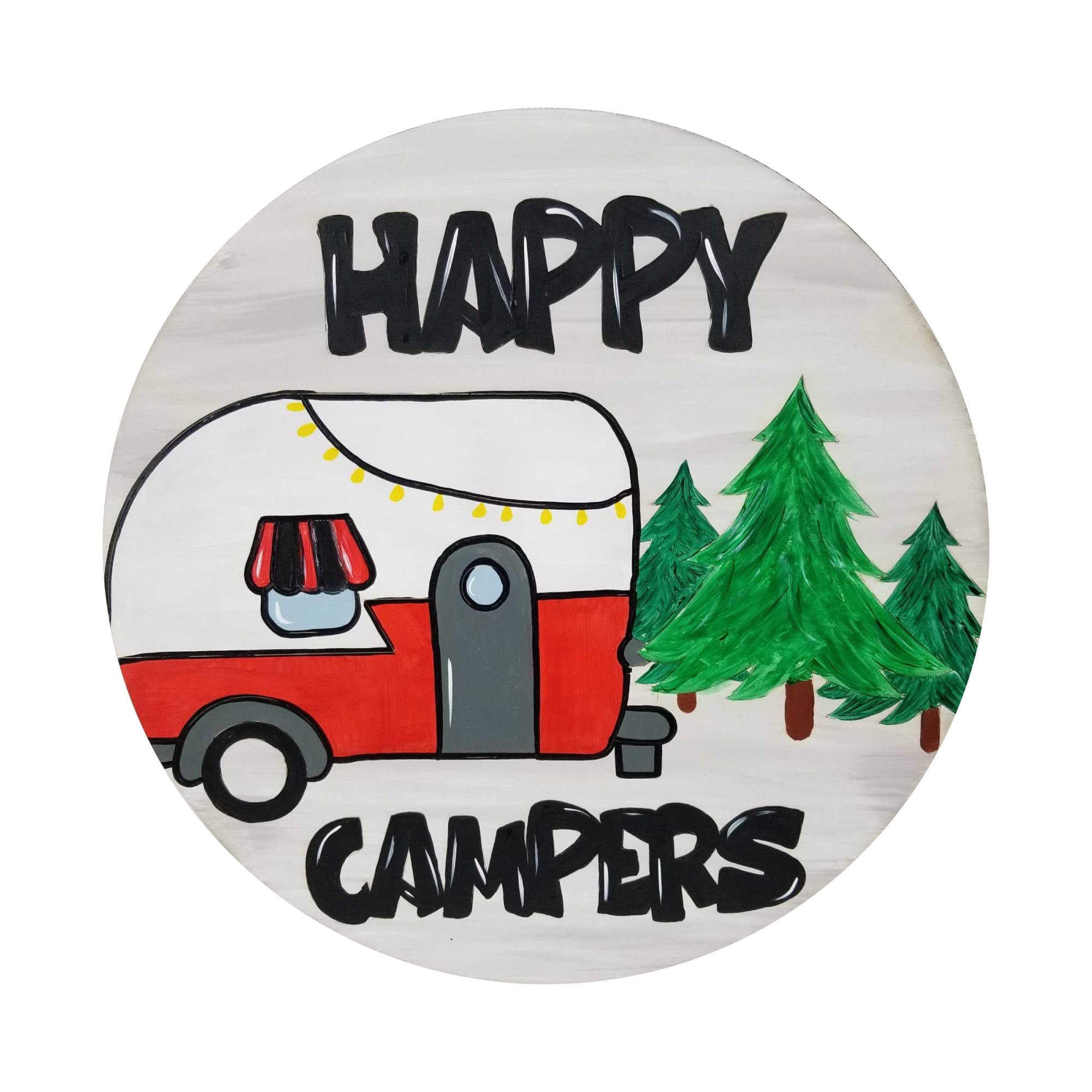 Design By Line Round MDF Cutout Happy Campers Camper Van With Pine Trees - Unfinished For DIY