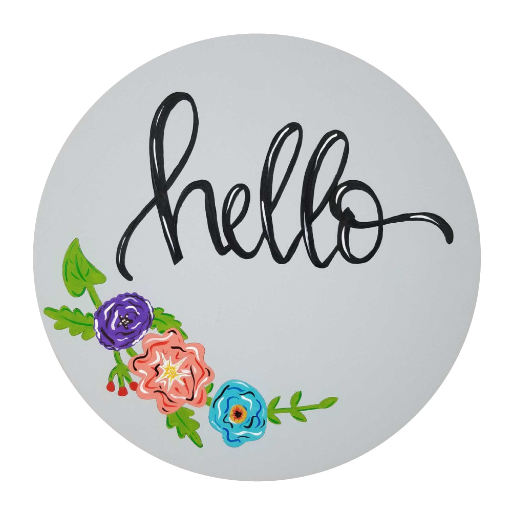 3D Round MDF Cutout Hello With Flowers - Unfinished For DIY