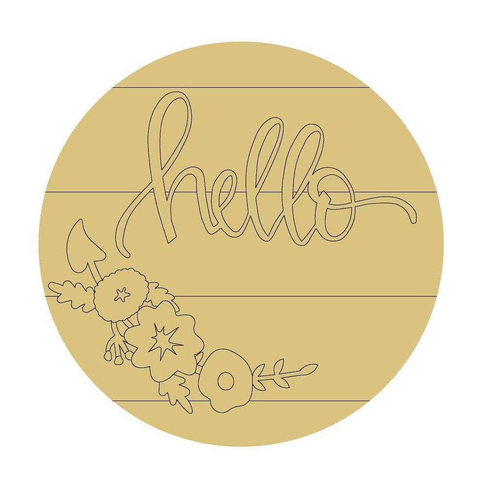 Design By Line Round MDF Cutout Hello Floral Script - Unfinished For DIY