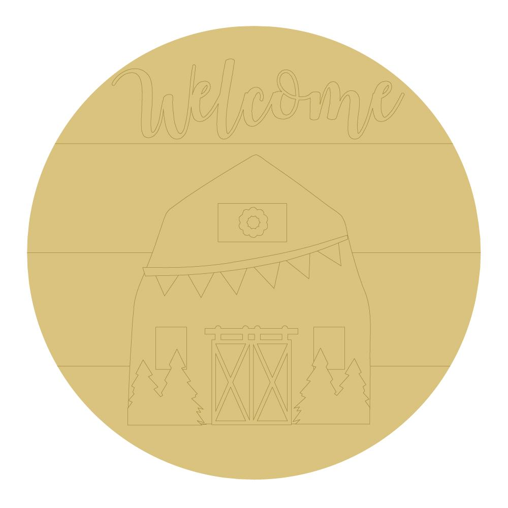 Design By Line Round MDF Cutout Welcome Barn With Trees Christmas Decor - Unfinished For DIY