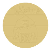 Design By Line Round MDF Cutout Welcome Barn With Trees Christmas Decor - Unfinished For DIY