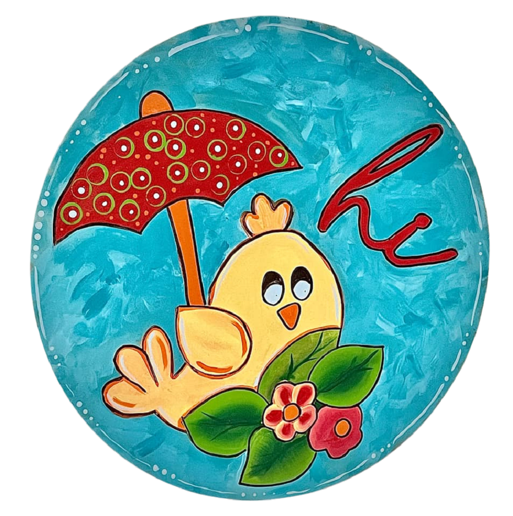 Design By Line Round MDF Cutout Bird Under Umbrella With Flowers - Unfinished For DIY