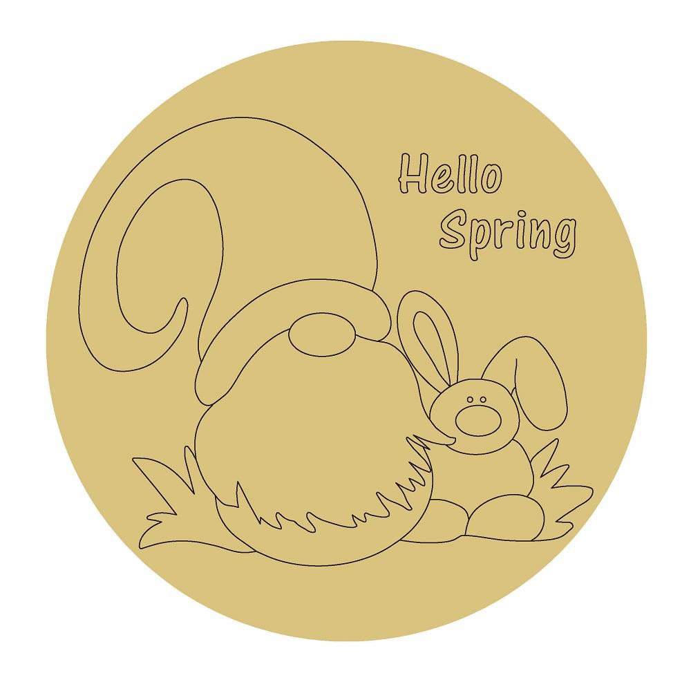 Design By Line Round MDF Cutout Hello Spring Gnome With Bunny - Unfinished For DIY