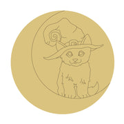 Design By Line Round MDF Cutout Moon Cat Silhouette With Witch Hat - Unfinished For DIY