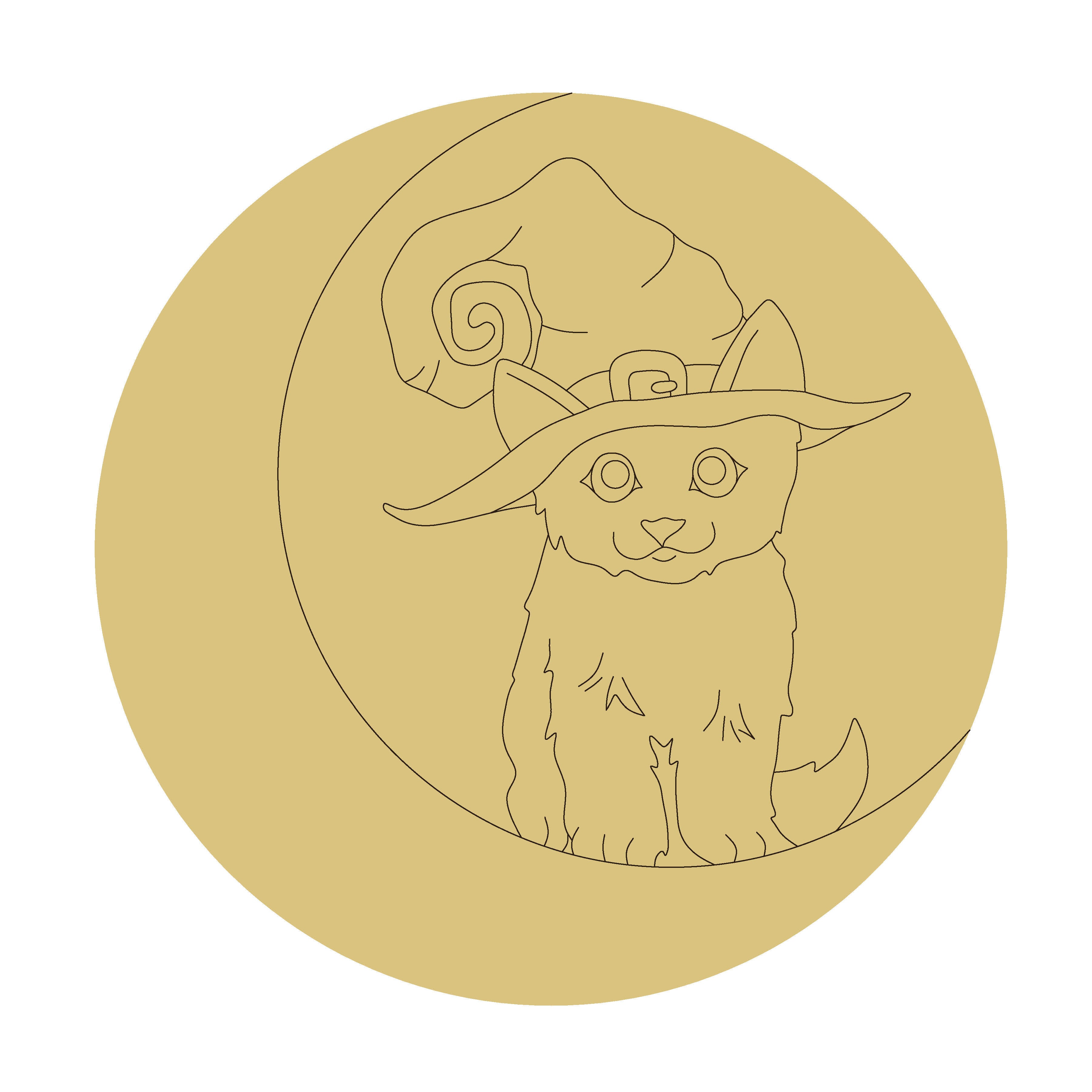 Design By Line Round MDF Cutout Moon Cat Silhouette With Witch Hat - Unfinished For DIY