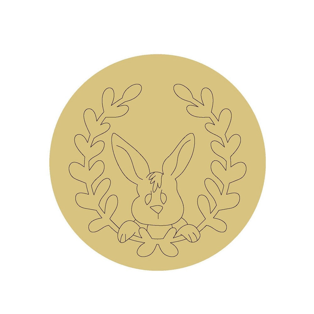 Design By Line Round MDF Cutout Easter Rabbit With Laurel Wreath - Unfinished For DIY