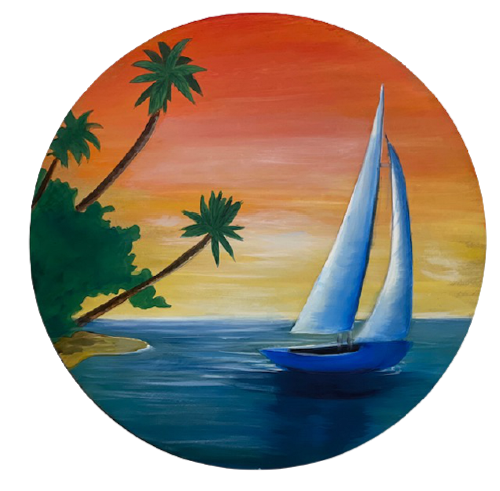 Design By Line Round MDF Cutout Sailboat With Palm Trees Scene - Unfinished For DIY