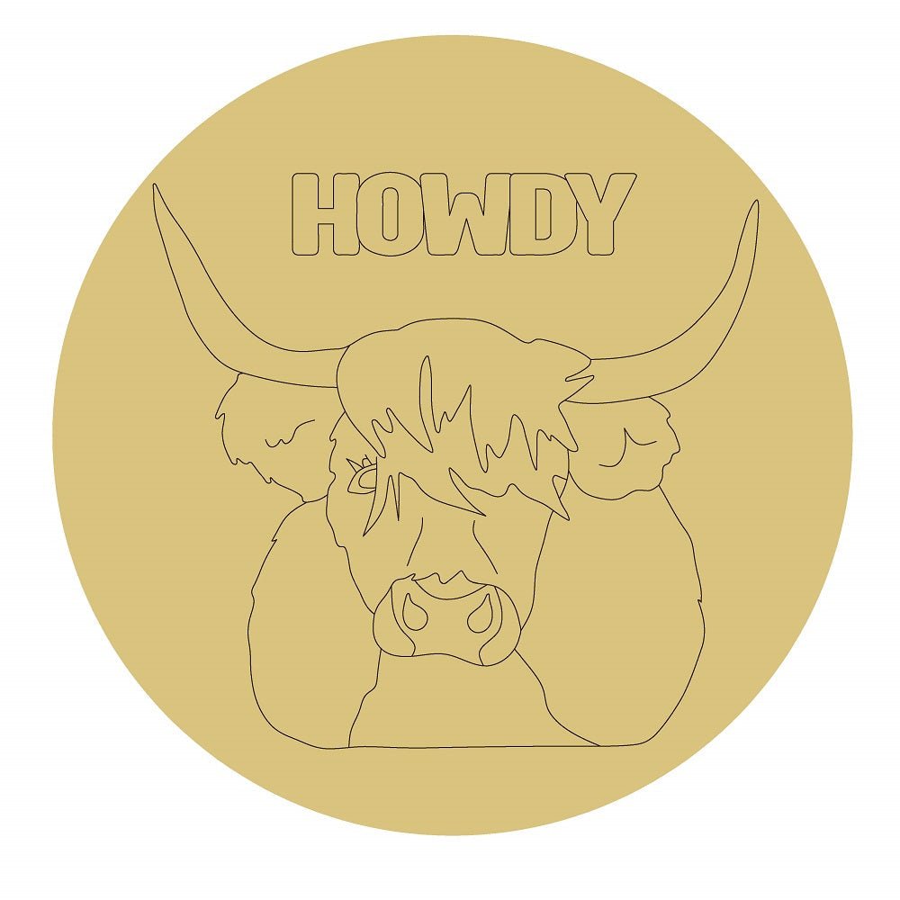 Design By Line Round MDF Cutout Howdy Longhorn Cow Silhouette - Unfinished For DIY