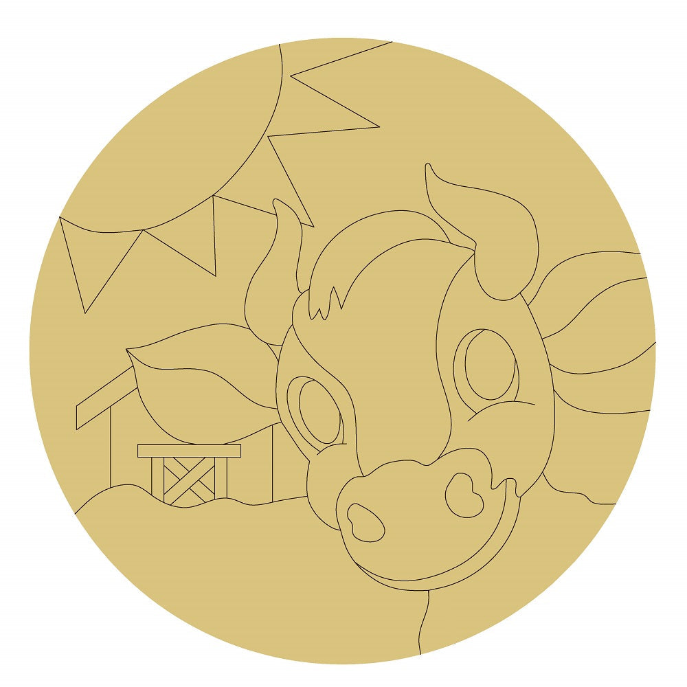 Design By Line Round MDF Cutout Cow Head In Farm Scene - Unfinished For DIY