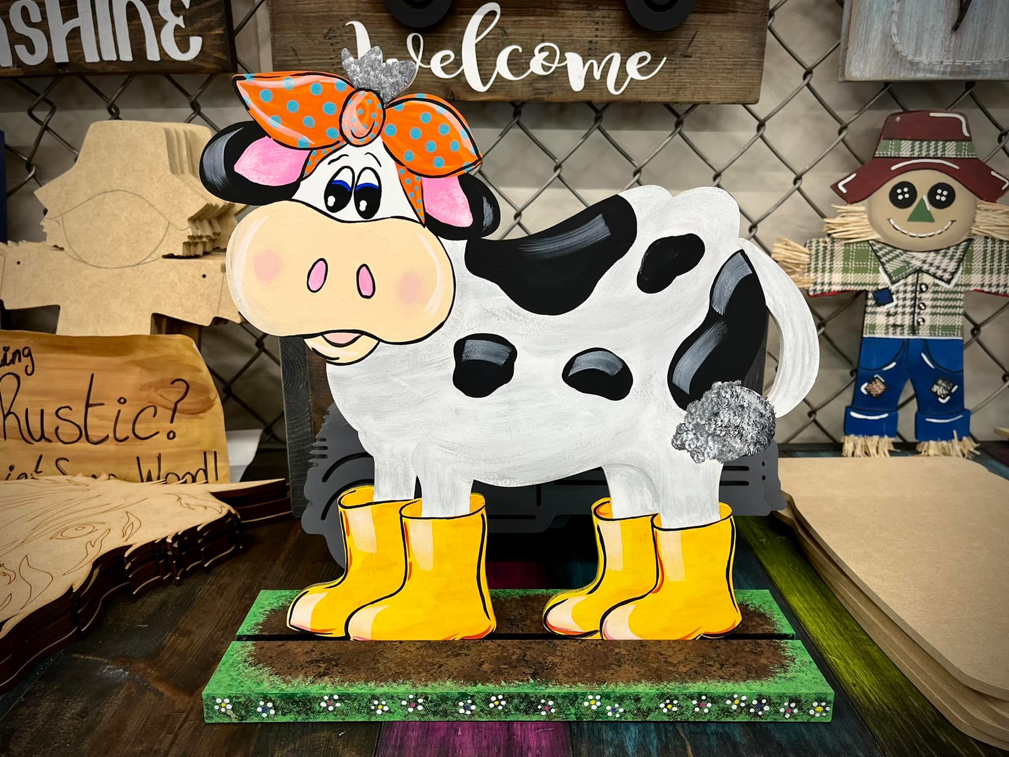 Design By Line Cow MDF Cutout Silhouette With Boots - Unfinished For DIY