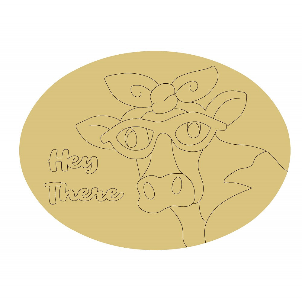Design By Line Oval Cow MDF Cutout Hey There with glasses and bow  - Unfinished For DIY