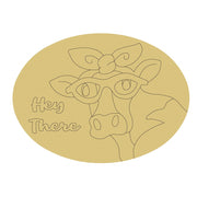 Design By Line Oval Cow MDF Cutout Hey There with glasses and bow  - Unfinished For DIY