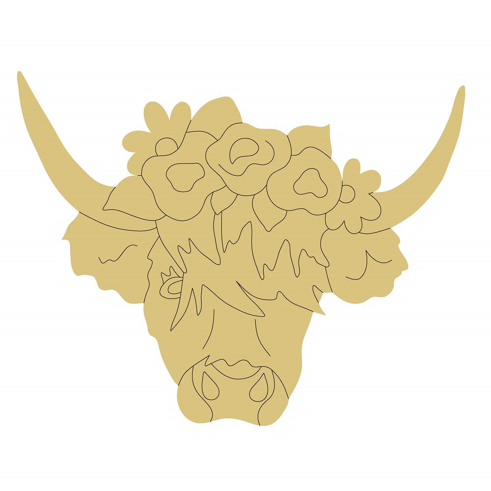 Design By Line Longhorn Cow Head MDF Cutout Flowers on head - Unfinished For DIY