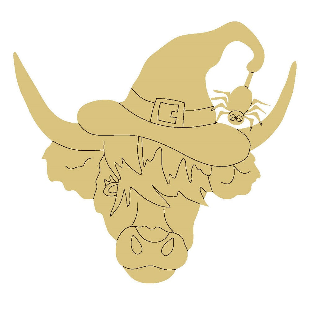 Design By Line Longhorn Cow Head MDF Cutout Halloween Cow With Witch Hat And Spider Accent - Unfinished For DIY