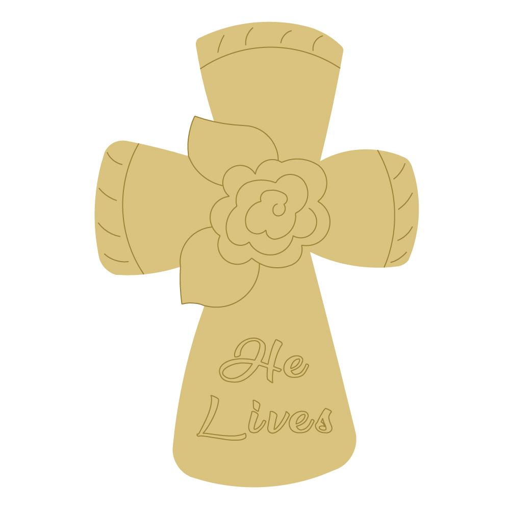 Design By Line Cross MDF Cutout He Lives Floral Bow - Unfinished For DIY