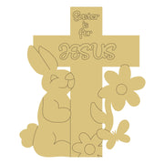 Design By Line Cross MDF Cutout Easter Is For JESUS With Bunny And Flower - Unfinished For DIY