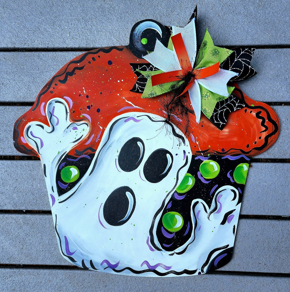 Design By Line Cupcake MDF Cutout Halloween Cupcake With Ghost Design - Unfinished For DIY