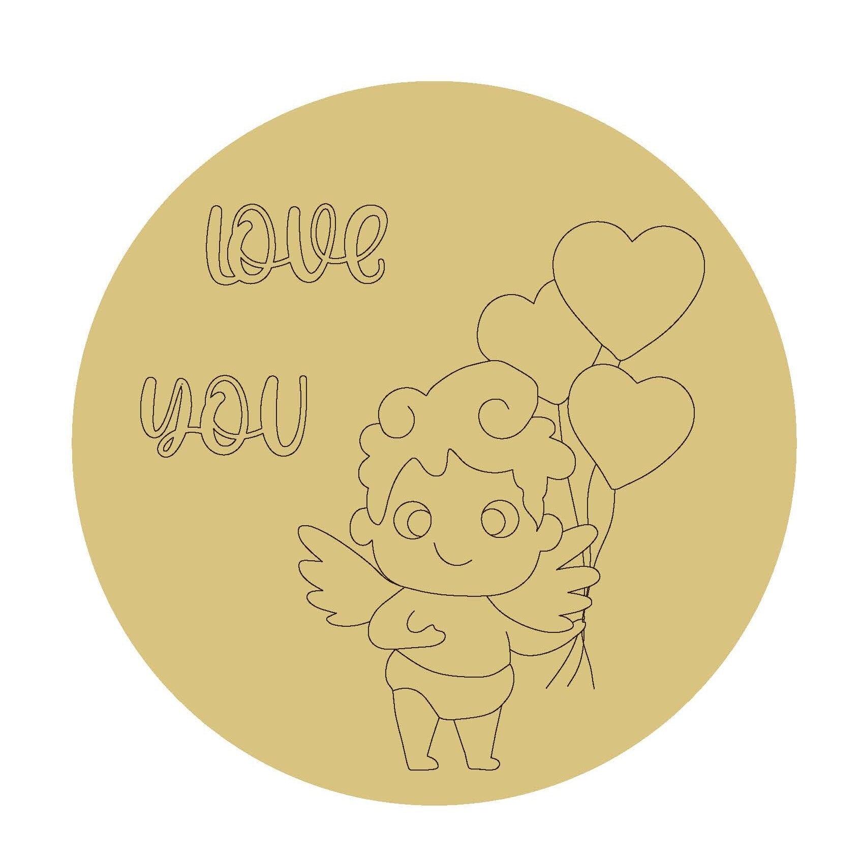 Design By Line Round MDF Cutout Cupid With Heart Balloons Love You - Unfinished For DIY