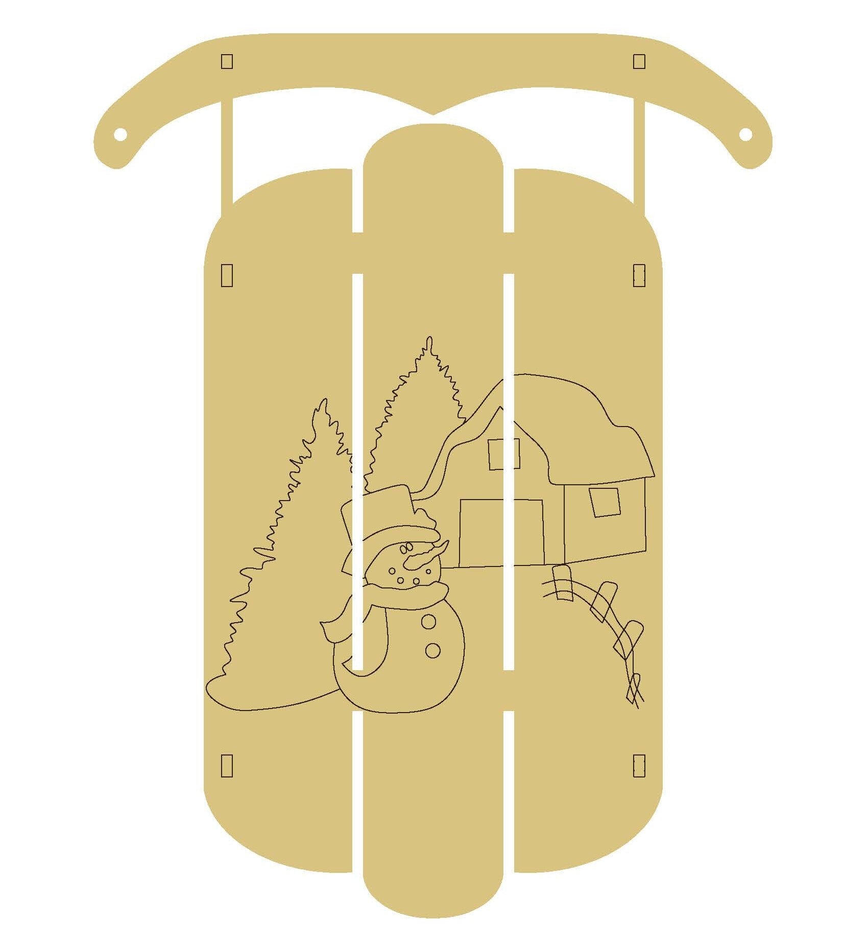 Design By Line Dimensional Sled MDF Cutout Snowman And Barn Scene - Unfinished For DIY