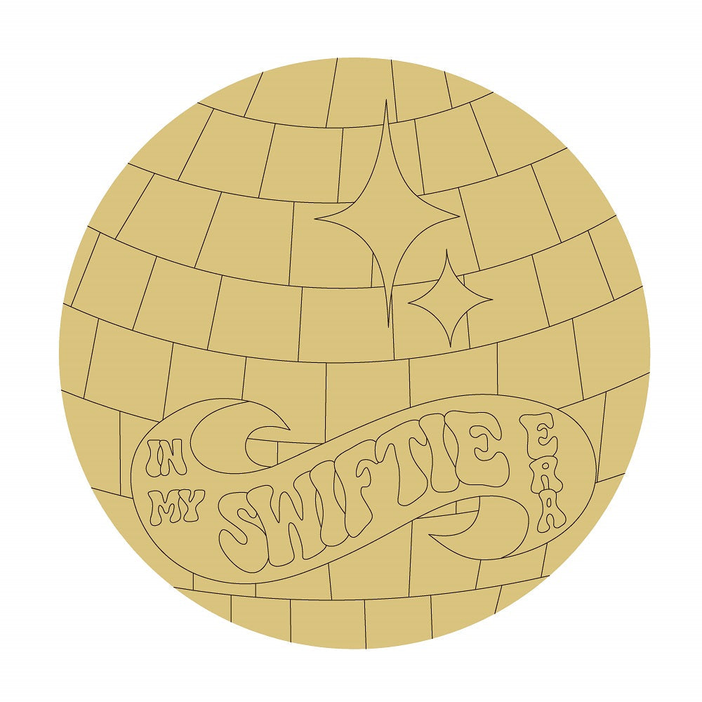 Design By Line Round MDF Cutout Disco Ball With Ribbon Text In My Swiftie Era - Unfinished For DIY