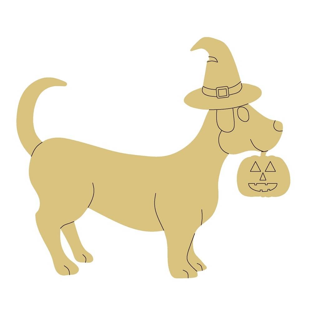 Design By Line Dachshund MDF Cutout Halloween Dog With Witch Hat And Pumpkin - Unfinished For DIY
