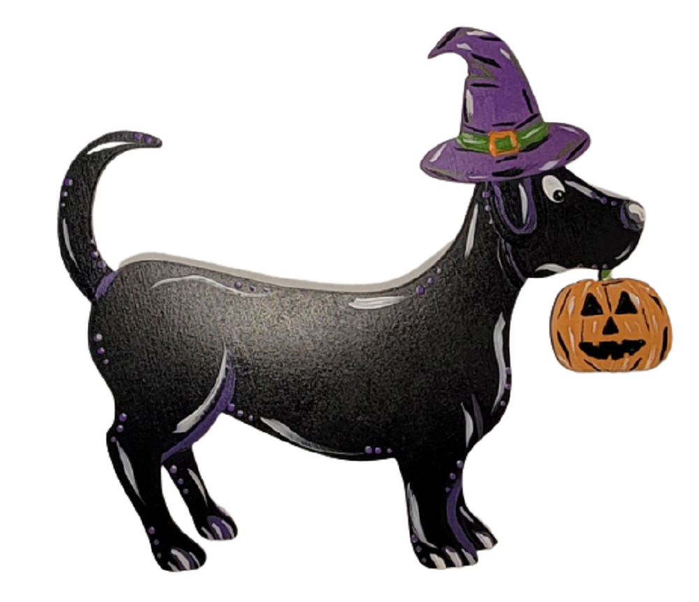 Design By Line Dachshund MDF Cutout Halloween Dog With Witch Hat And Pumpkin - Unfinished For DIY