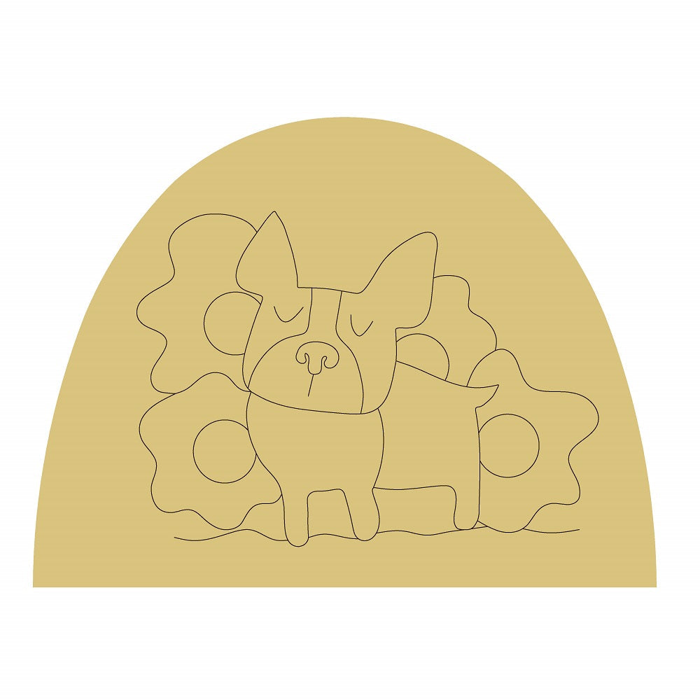 Design By Line Half Oval MDF Cutout Dog With Flowers Silhouette - Unfinished For DIY