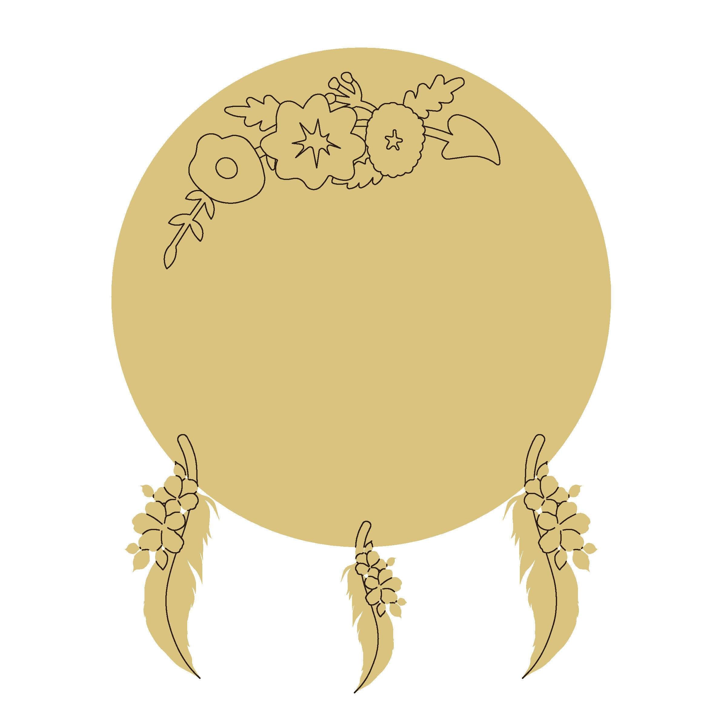 Design By Line Round MDF Cutout Dream Catcher Floral Hoop With Three Feathers - Unfinished For DIY