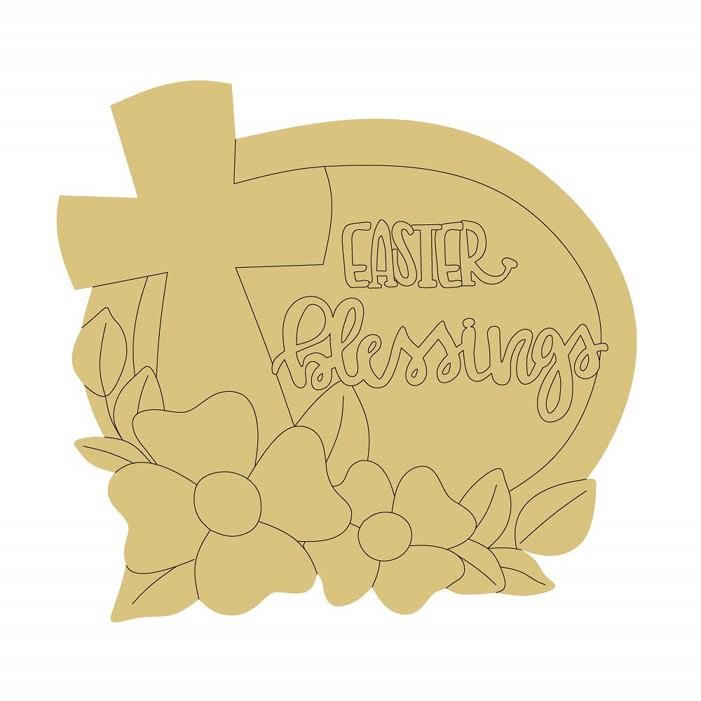 Design By Line Round MDF Cutout Easter Blessings Cross And Floral - Unfinished For DIY