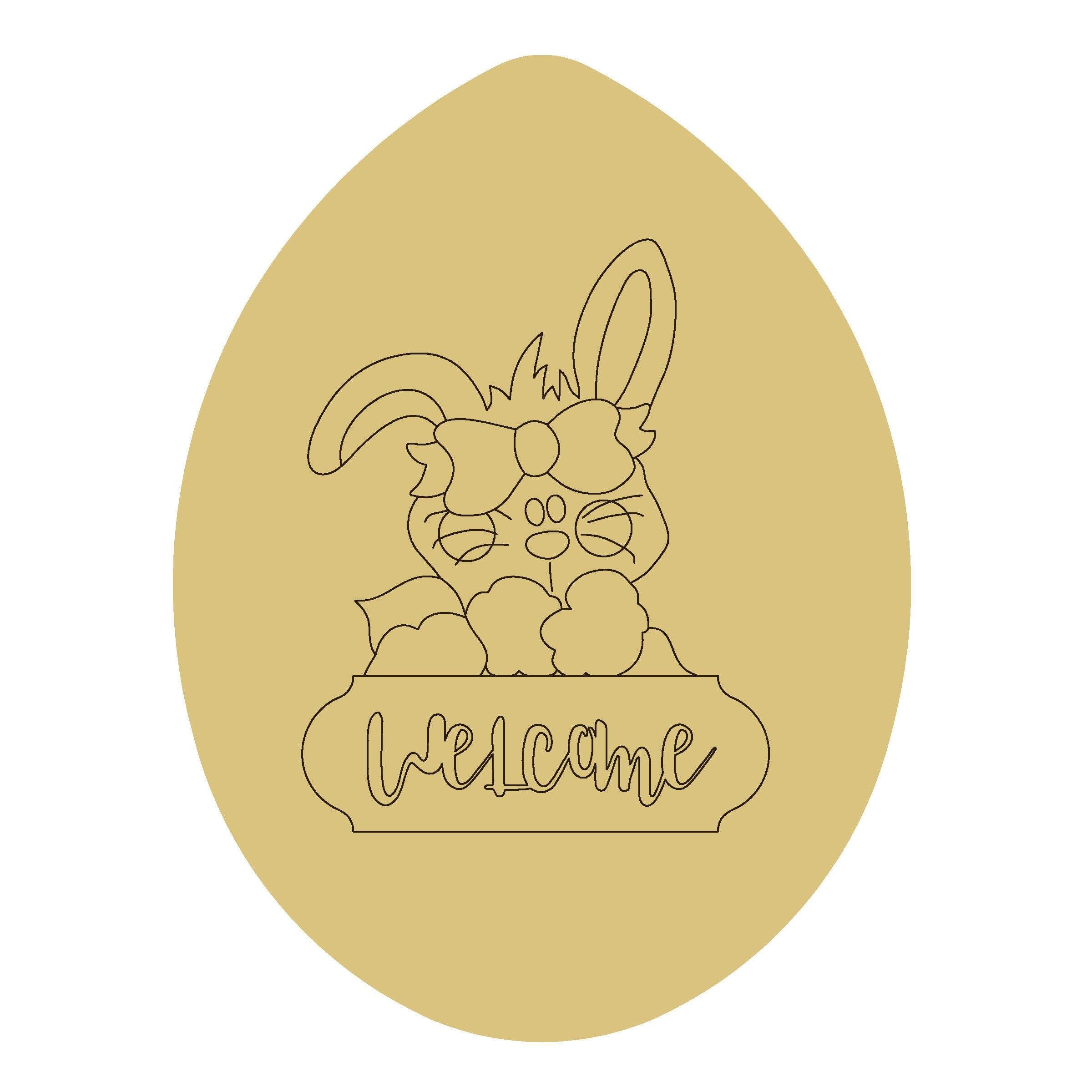 Design By Line Egg MDF Cutout Welcome Bunny With Bow And Flowers - Unfinished For DIY