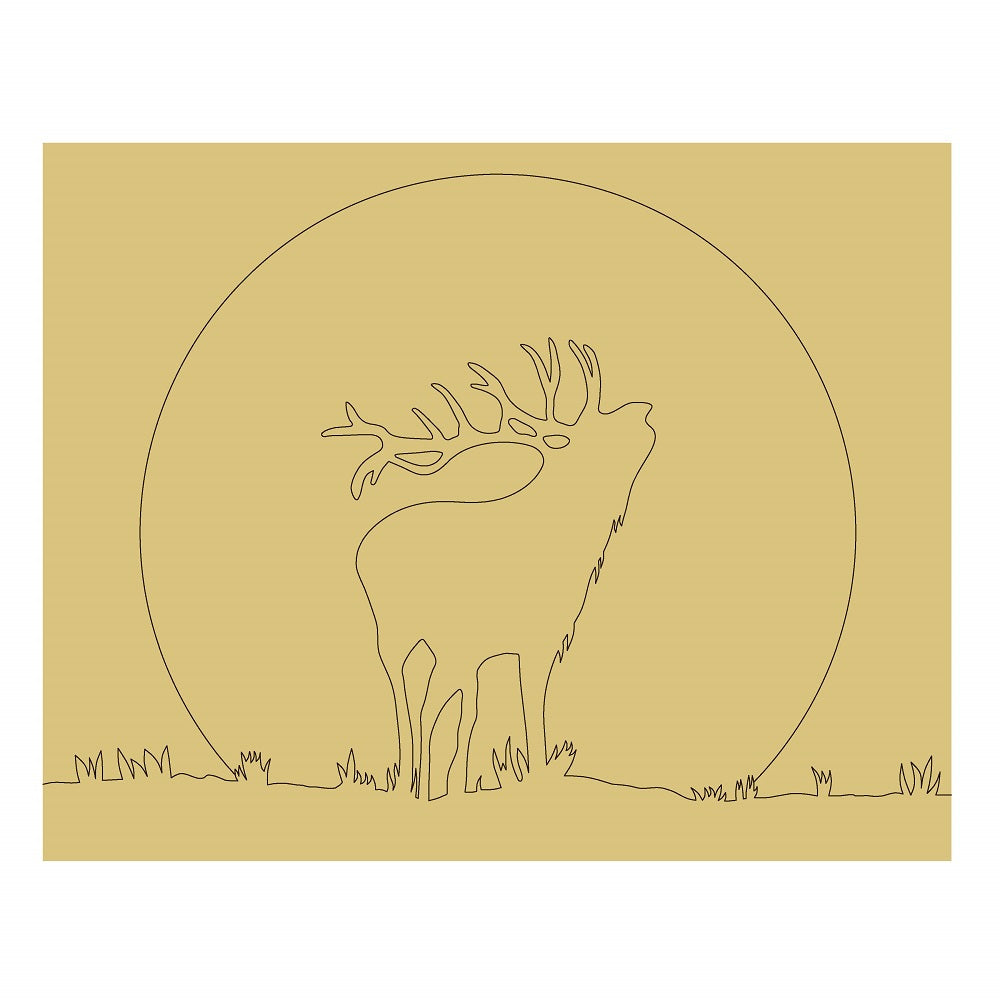 Design By Line Rectangle MDF Cutout Elk And Moon Silhouette With Grass - Unfinished For DIY