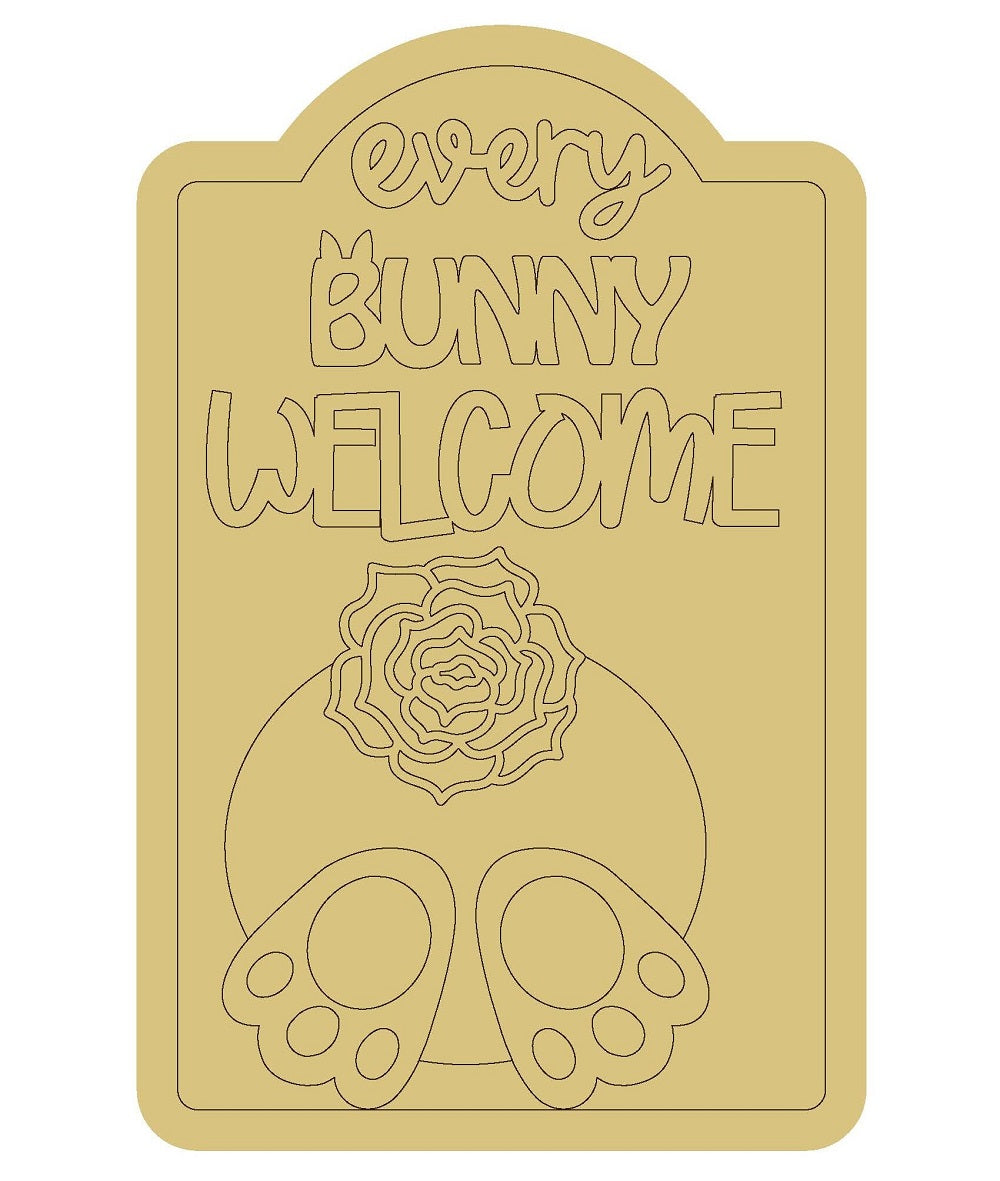 Design By Line Arched Door Hanger MDF Cutout Every Bunny Welcome With Tail And Bunny Feet - Unfinished For DIY
