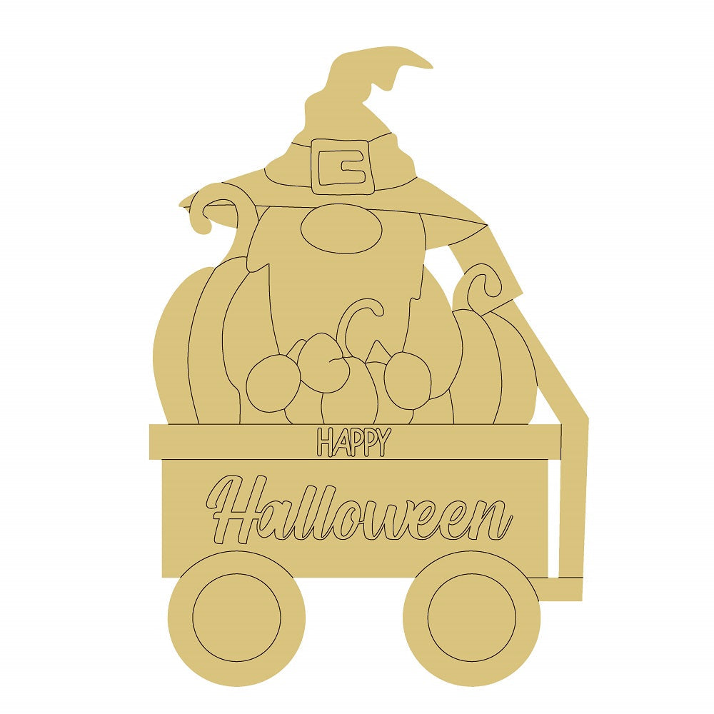 Design By Line Wagon MDF Cutout Happy Halloween Gnome In Cart With Pumpkins - Unfinished For DIY