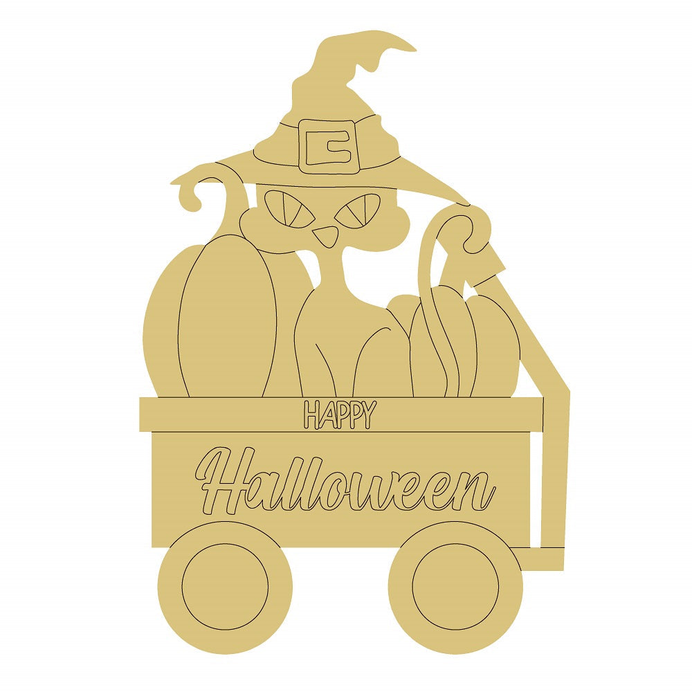 Design By Line Cat In Cart MDF Cutout Happy Halloween With Pumpkins - Unfinished For DIY