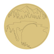 Design By Line Round MDF Cutout Fisherman Silhouette Mountain Lake Scene - Unfinished For DIY