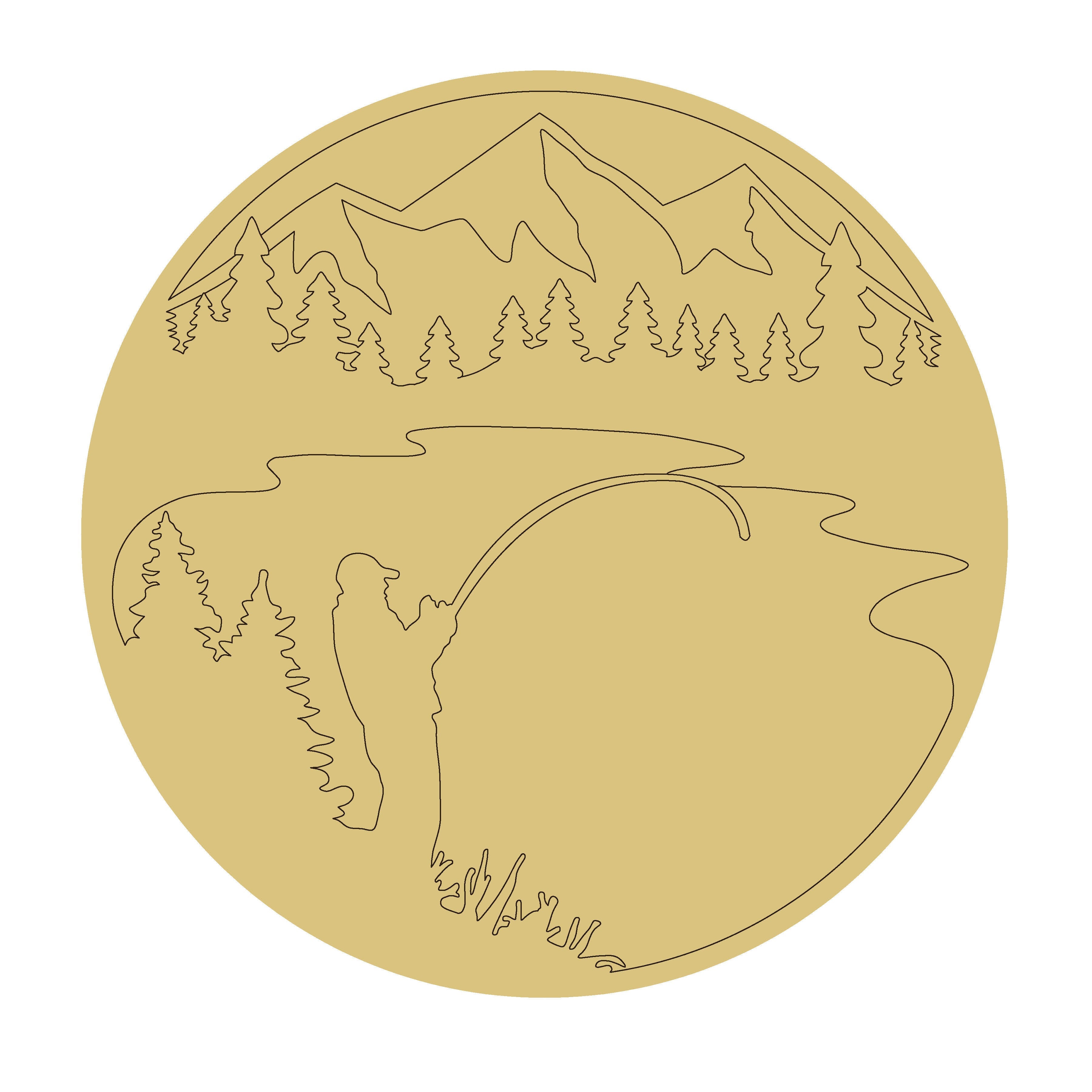 Design By Line Round MDF Cutout Fisherman Silhouette Mountain Lake Scene - Unfinished For DIY