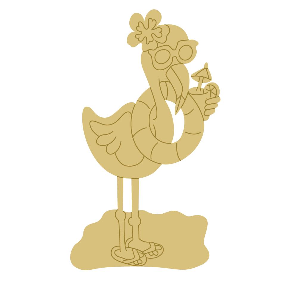 Design By Line Flamingo MDF Cutout With Sunglasses And Flower In Hair Holding Cocktail On Beach - Unfinished For DIY